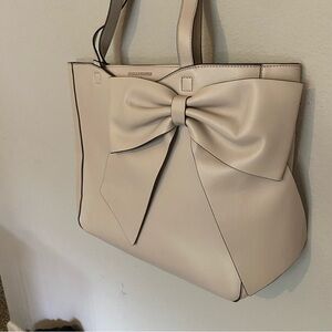 Karl Lagerfeld Canelle Leather Cream Bow Tote Bag NWT